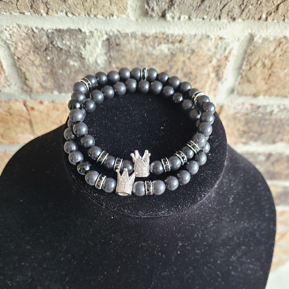 Men's Silver Crown and black matte beaded bracelet